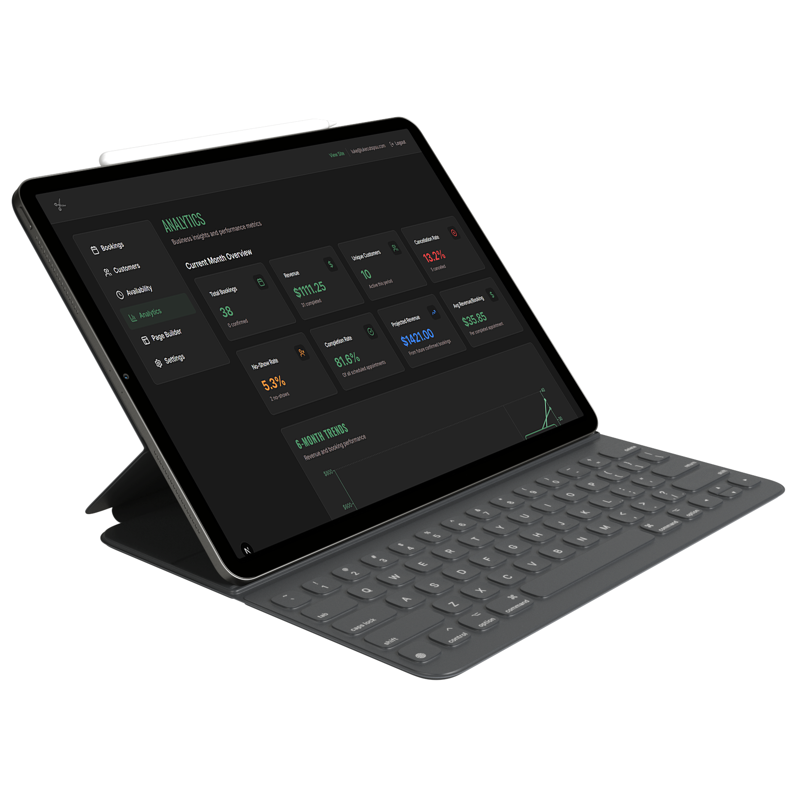 LukeCuts analytics dashboard showing revenue trends and projections