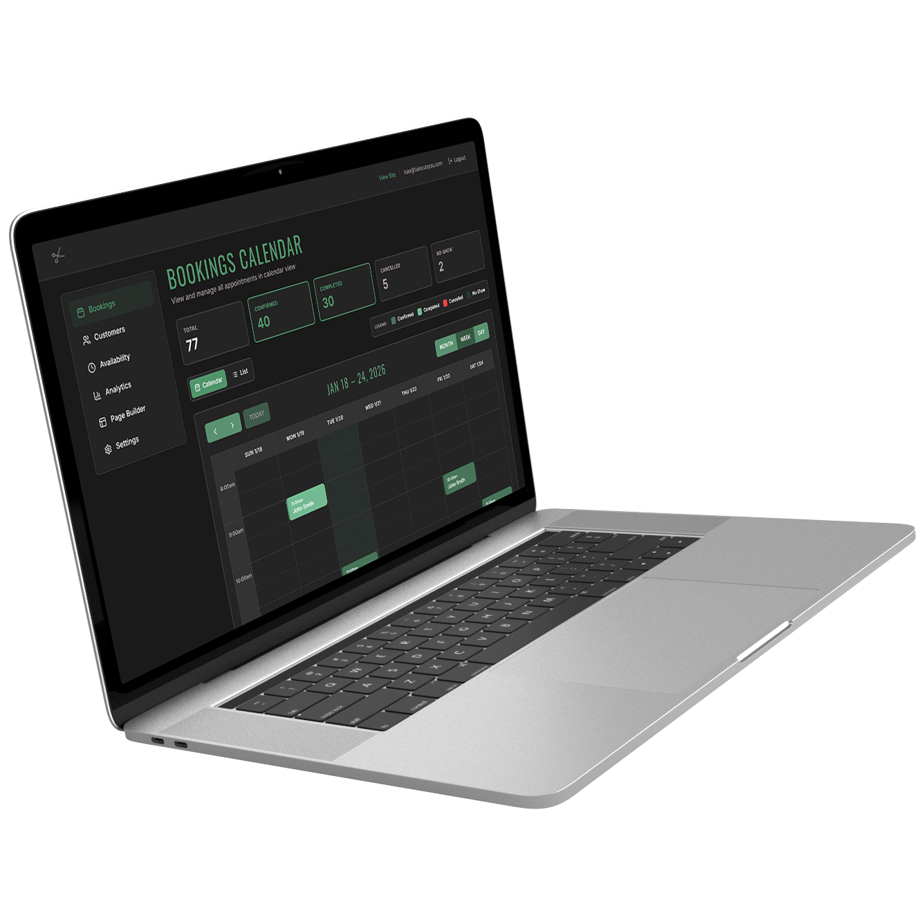 LukeCuts booking management interface showing calendar and appointment list